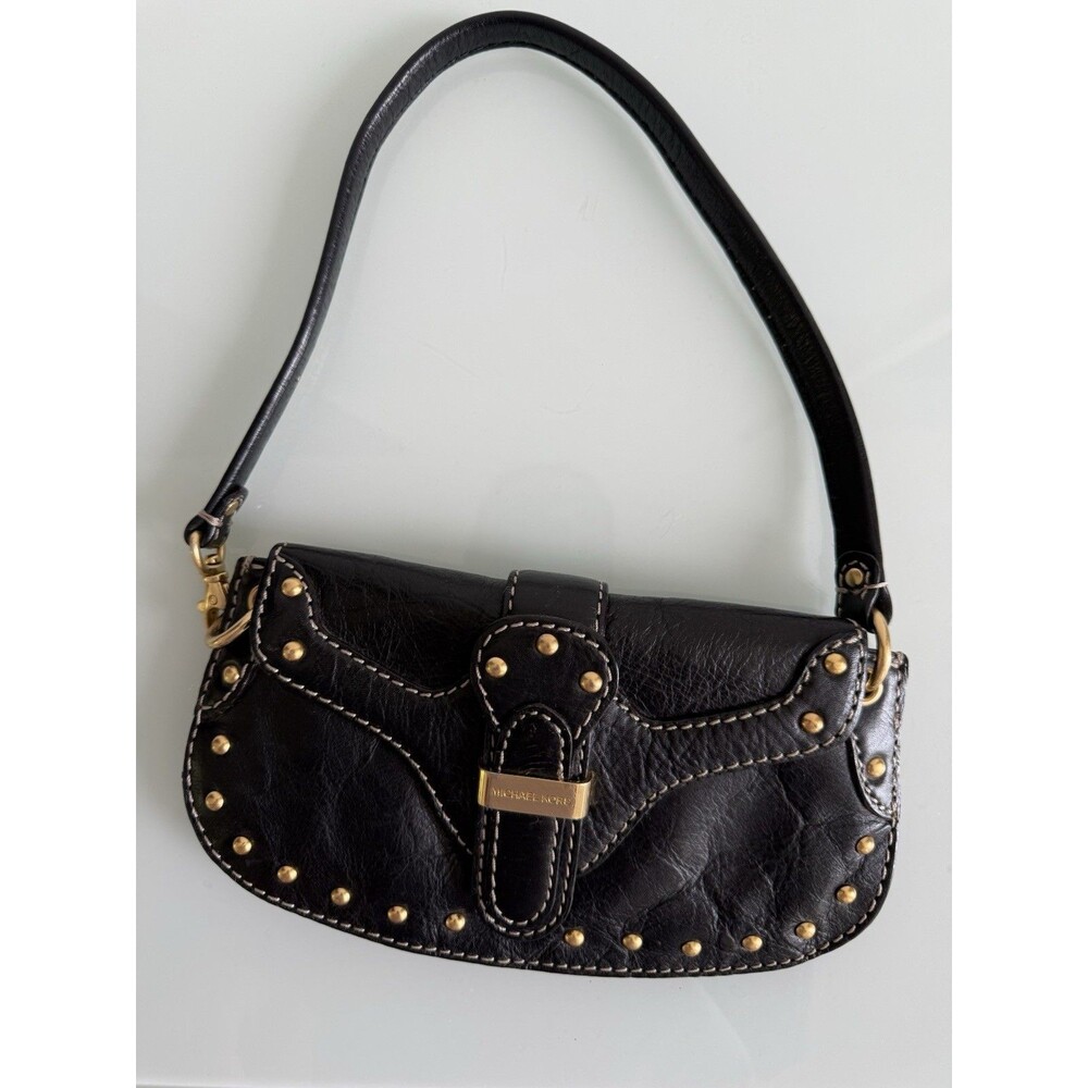 Michael Kors Black Leather Shoulder Bag Studded Small Baguette Y2K